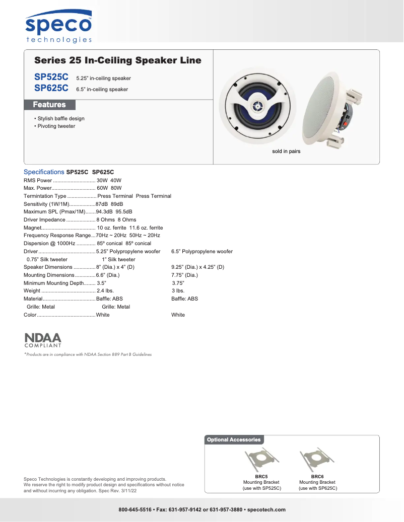 Page 1 de la notice Fiche technique Speco Technologies SP525C
