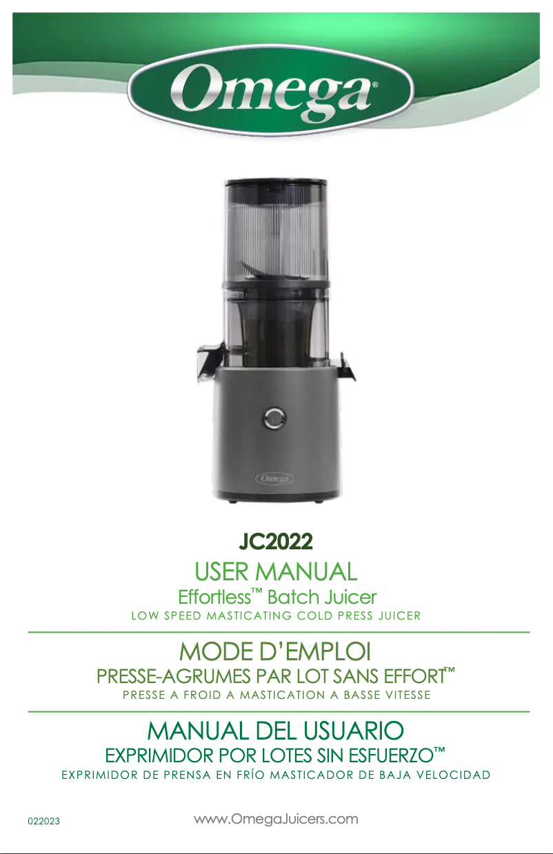 Page n°1 - Manuel utilisateur Omega Effortless Batch Juicer JC2022