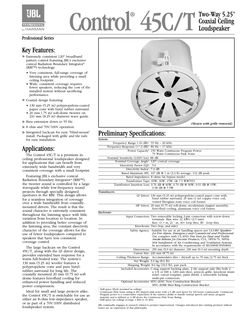 Page 1 de la notice Brochure JBL Control 45C/T