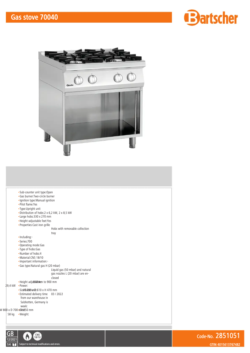 Página 1 del manual Ficha técnica Bartscher 2851051