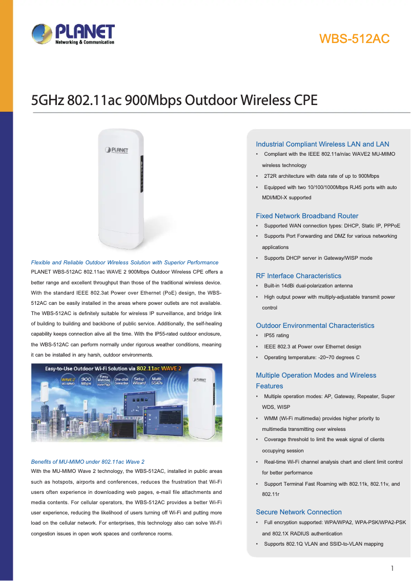 Página 1 del manual Ficha técnica Planet WBS-512AC
