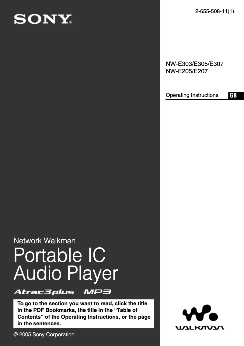 Image de la première page du manuel de l'appareil Walkman NW-E307