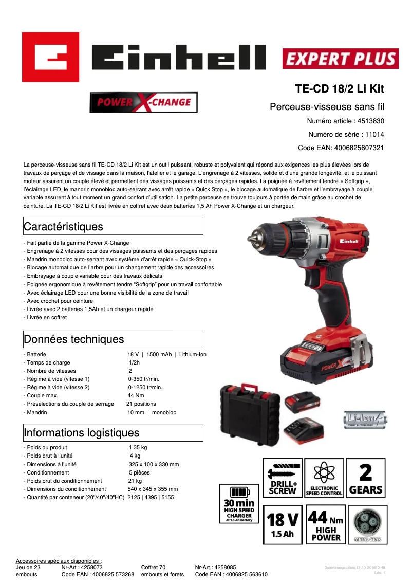 Página 1 del manual Ficha técnica Einhell TE-CD 18/2 Li