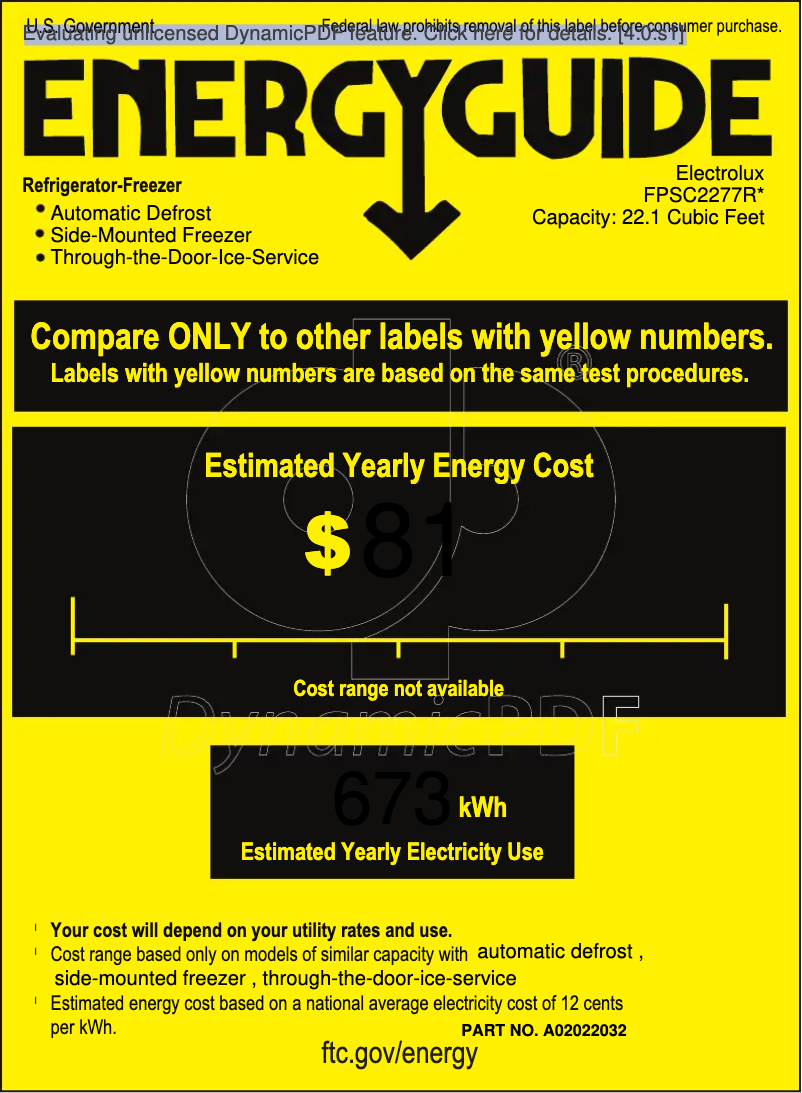 Page 1 de la notice Label énergétique Frigidaire FPSC2277R