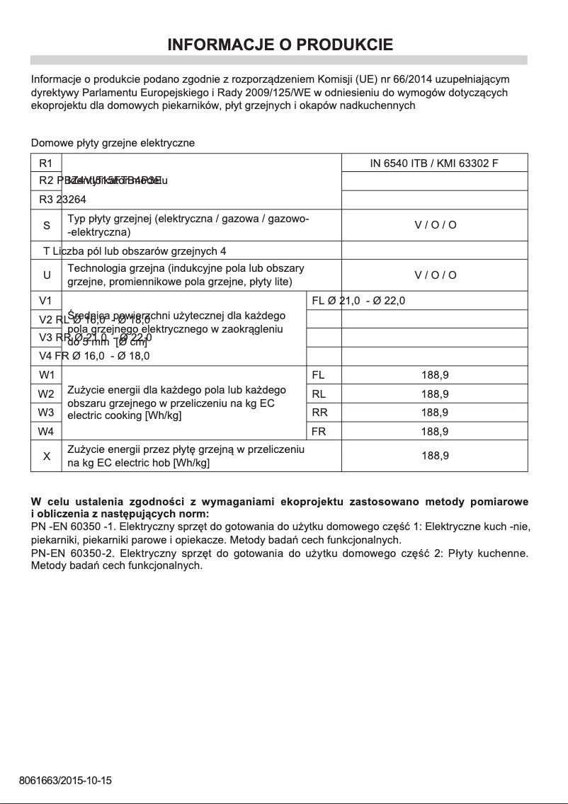 Page 1 de la notice Fiche technique Amica IN 6540 ITB