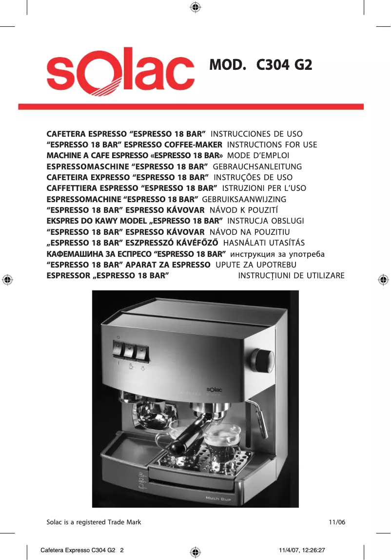 Page 1 de la notice Manuel utilisateur Solac Espresso 18 bar C304 G2