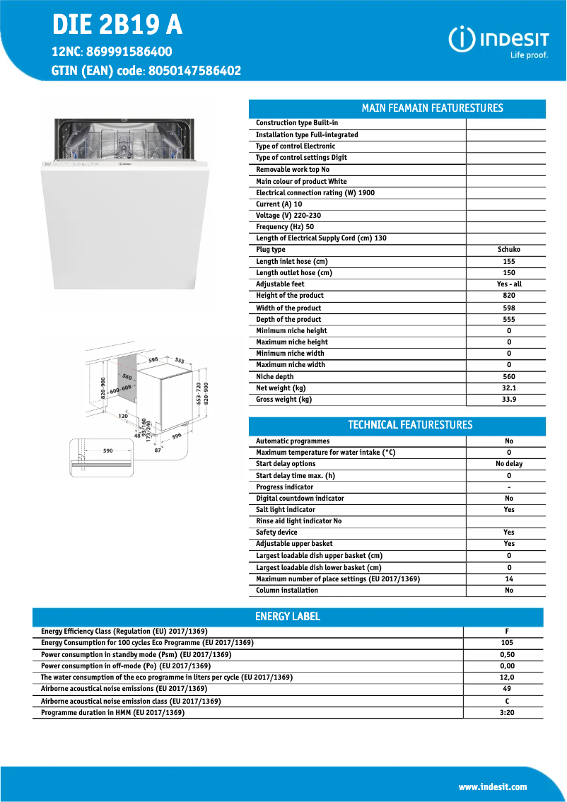 Página 1 del manual Ficha técnica Indesit DIE 2B19 A