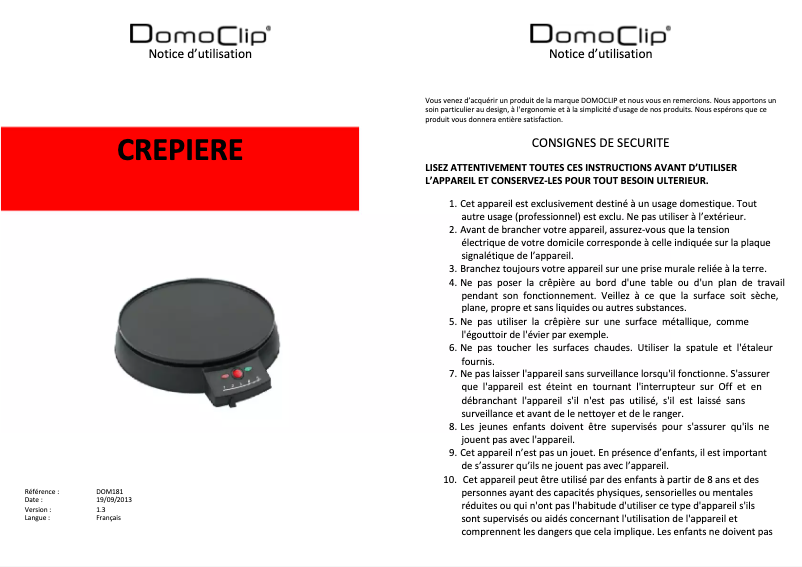 Page 1 de la notice Manuel utilisateur Domoclip DOM181