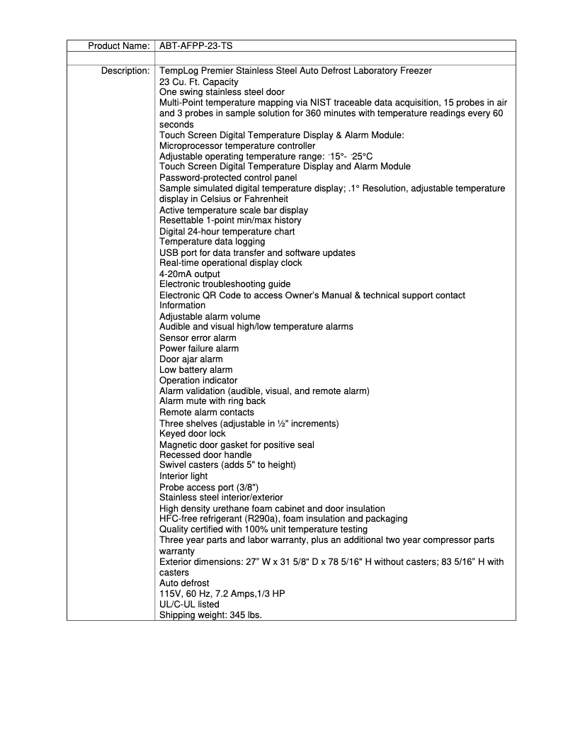 Page 1 de la notice Manuel utilisateur American BioTech Supply ABT-AFPP-23-TS