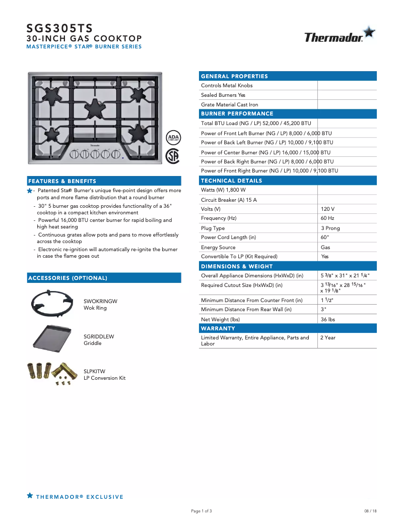 Page 1 de la notice Fiche technique Thermador SGS305TS