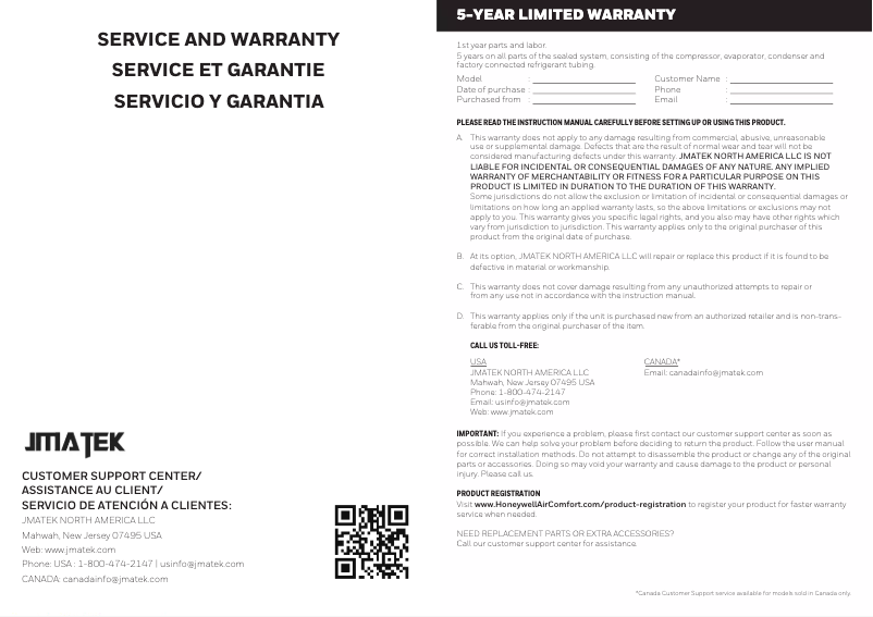 Page n°1 - Informations de garantie Honeywell DH70W