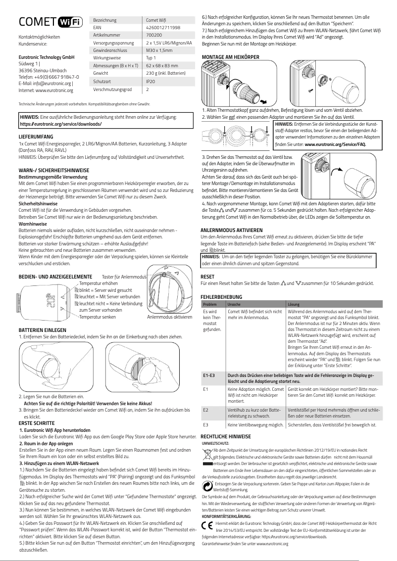 Page n°1 - Manuel utilisateur Eurotronic Comet Wifi
