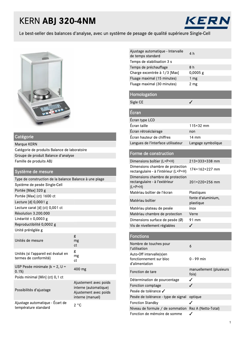 Page 1 de la notice Fiche technique Kern ABJ 320-4NM