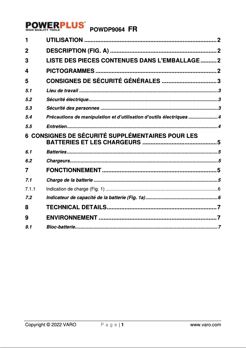 Page n°1 - Manuel utilisateur PowerPlus POWDP9064