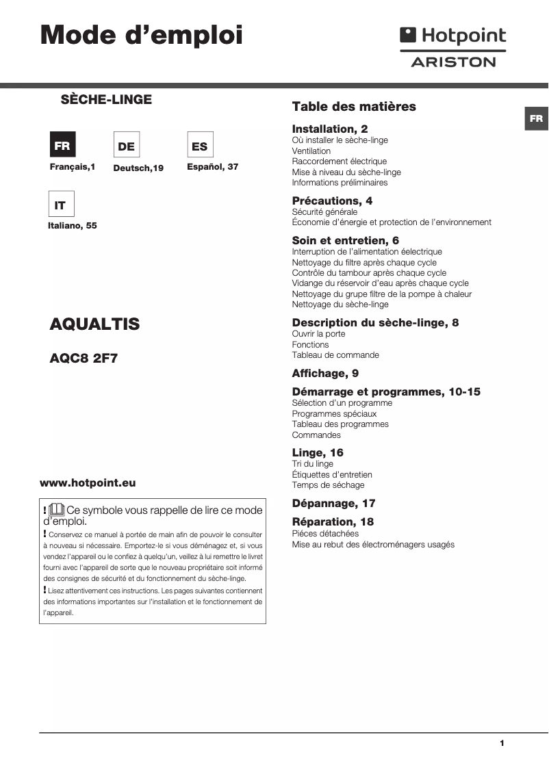Page 1 de la notice Manuel utilisateur Hotpoint Ariston AQUALTIS AQC8 2F7