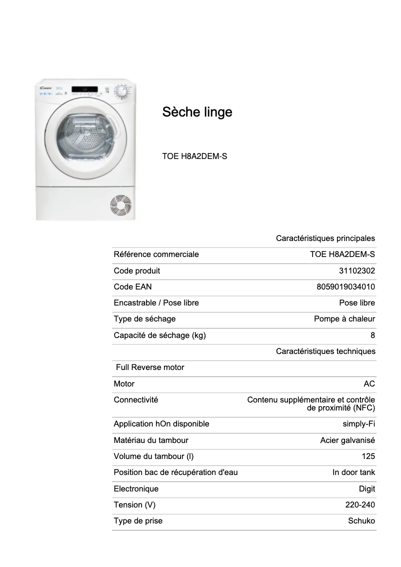 Page 1 de la notice Fiche technique Candy TOE H8A2DEM-S