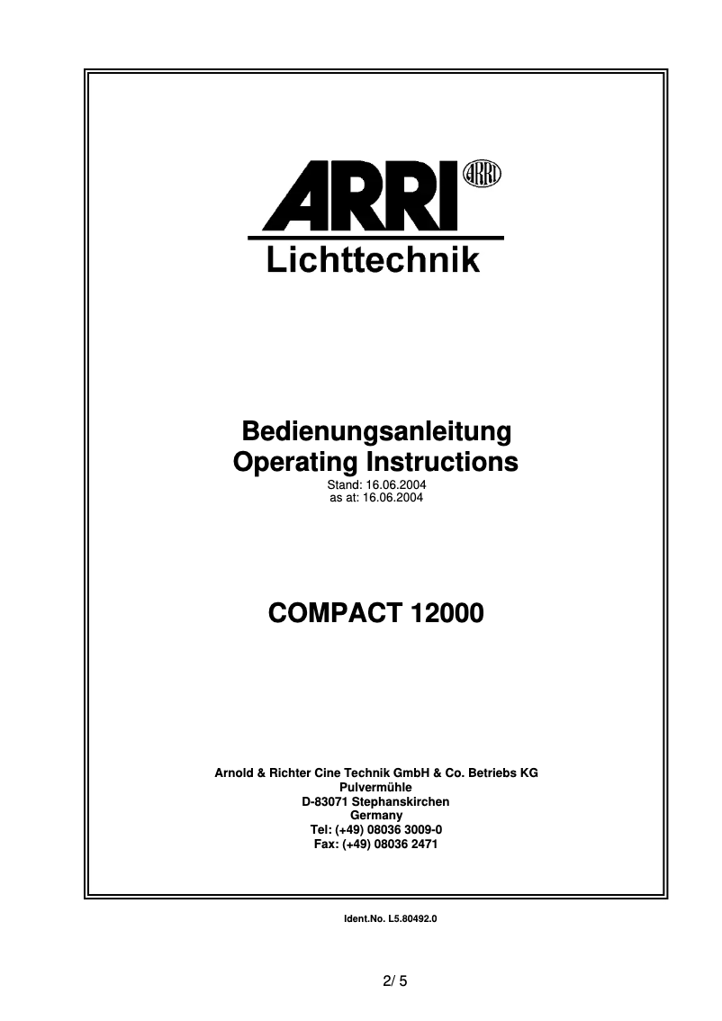 Page 1 de la notice Manuel utilisateur ARRI Compact 6000 Plus