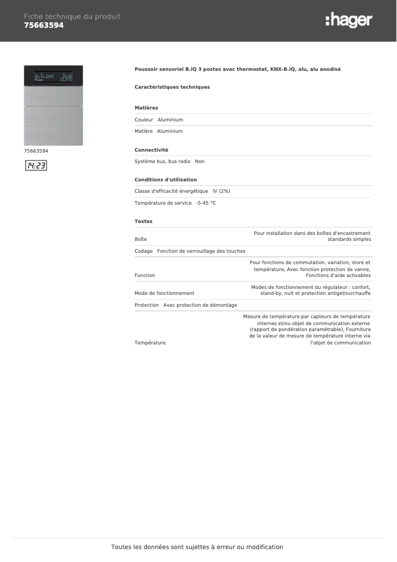 Page n°1 - Fiche technique Hager 75663594