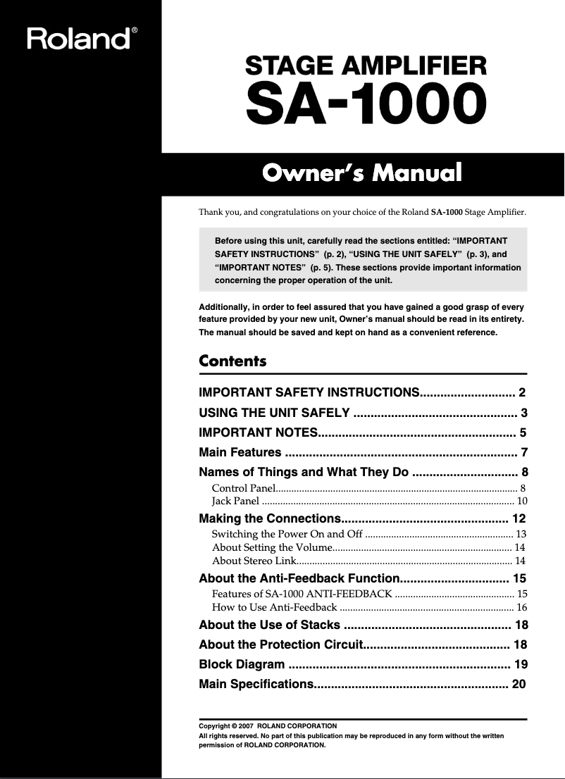 Page n°1 - Manuel utilisateur Roland SA-1000
