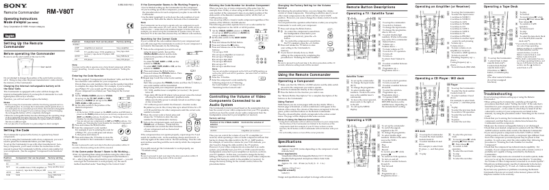 Page 1 de la notice Manuel utilisateur Sony RM-V80T