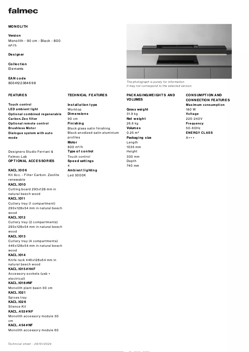 Página 1 del manual Ficha técnica Falmec Monolith