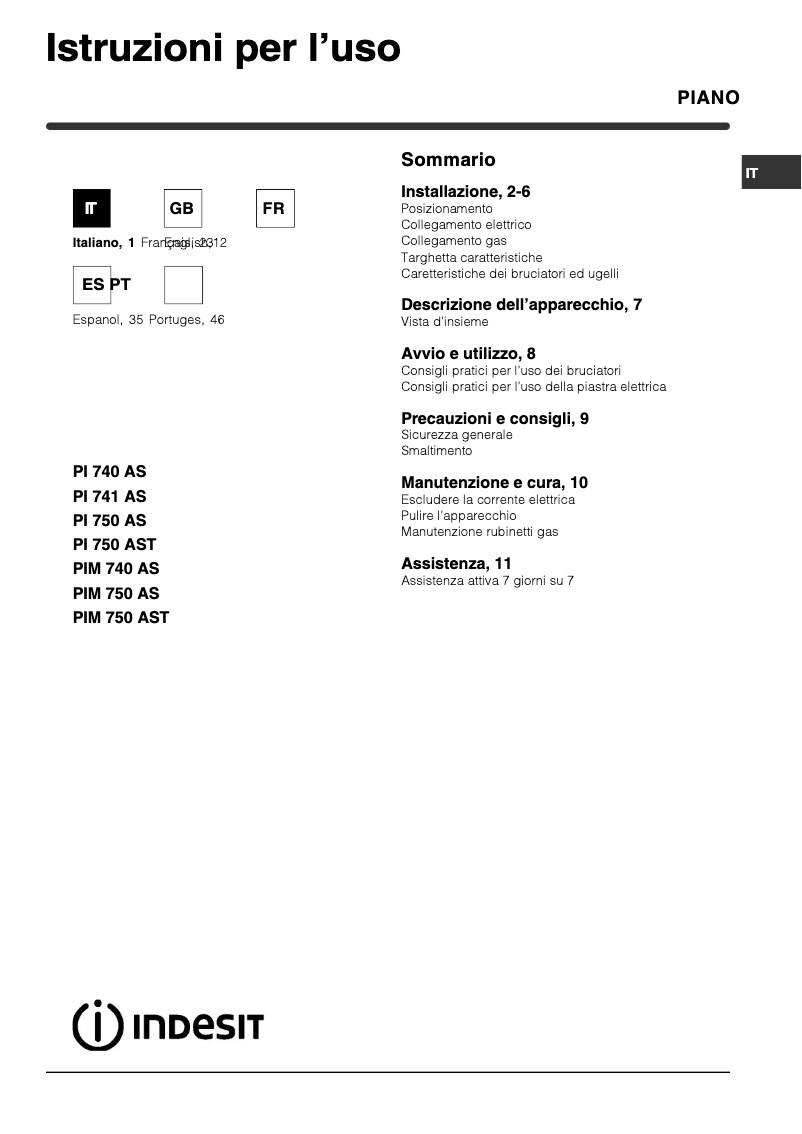 Page n°1 - Manuel utilisateur Indesit PIM 740 AS (IX)