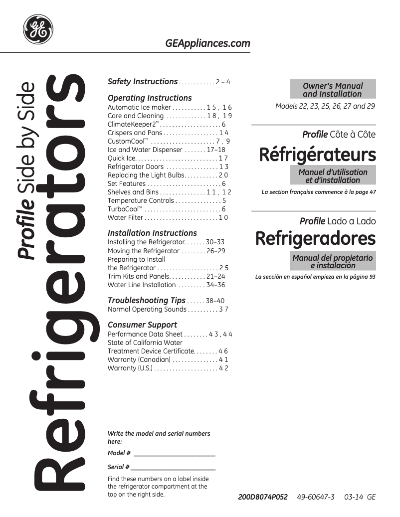 Page 1 de la notice Manuel utilisateur GE Profile PSS28KSHSS