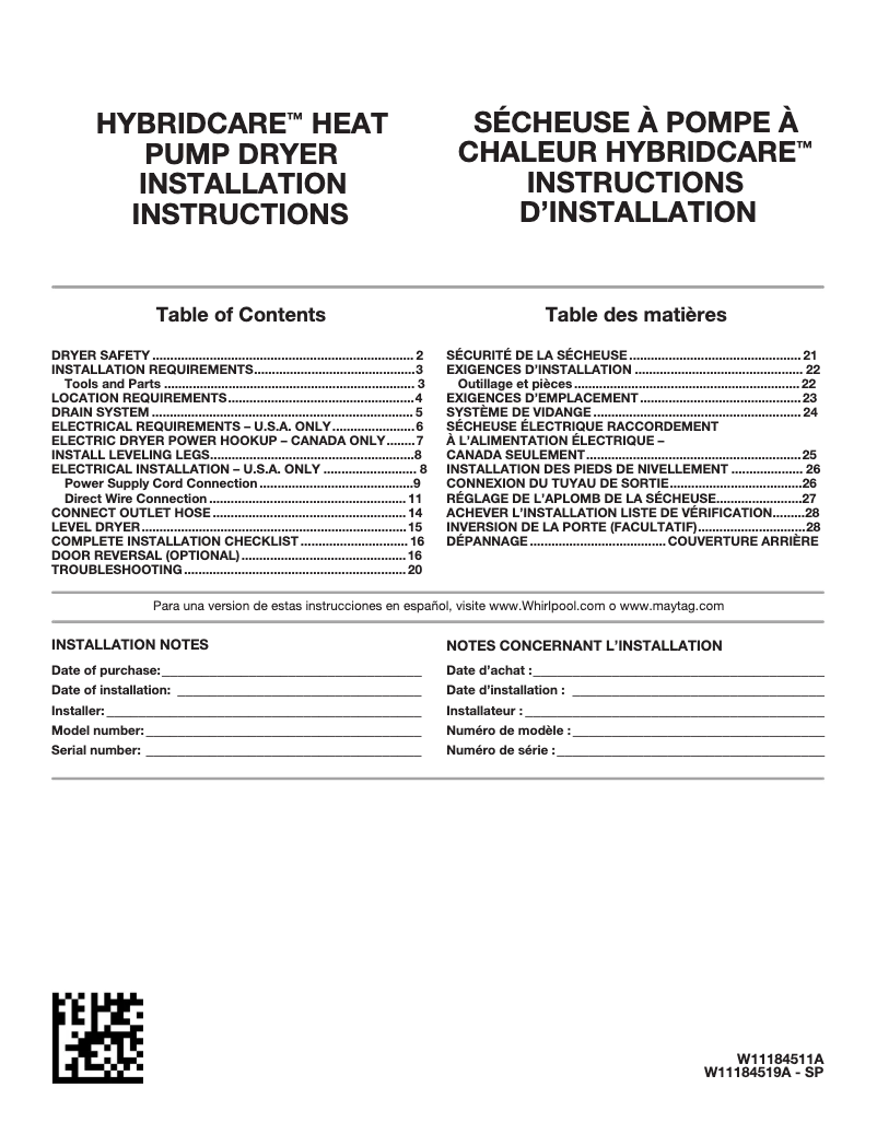 Page n°1 - Guide d'installation Whirlpool WHLAUWHD560CHW