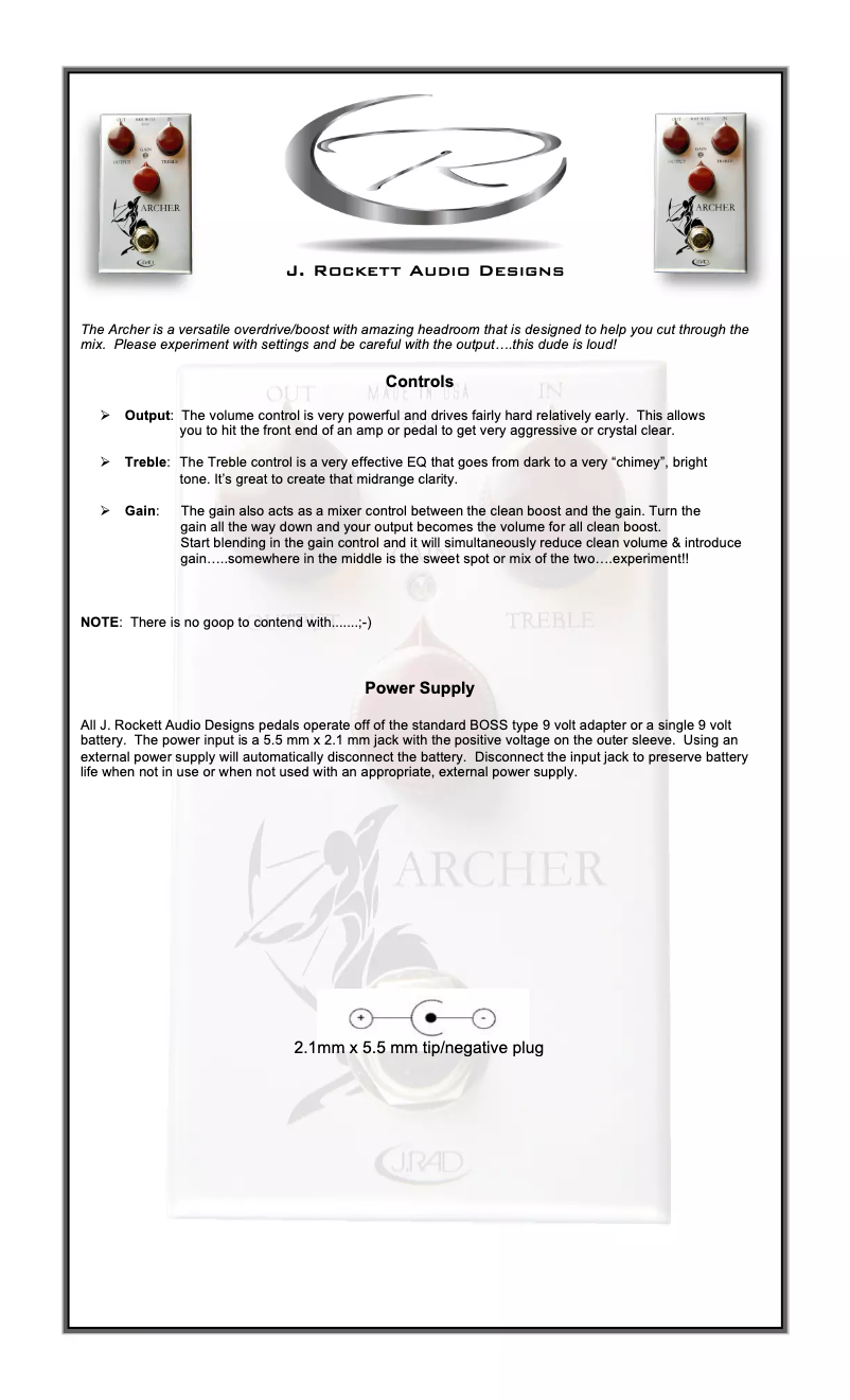 Page 1 de la notice Manuel utilisateur J. Rockett Audio Designs Archer