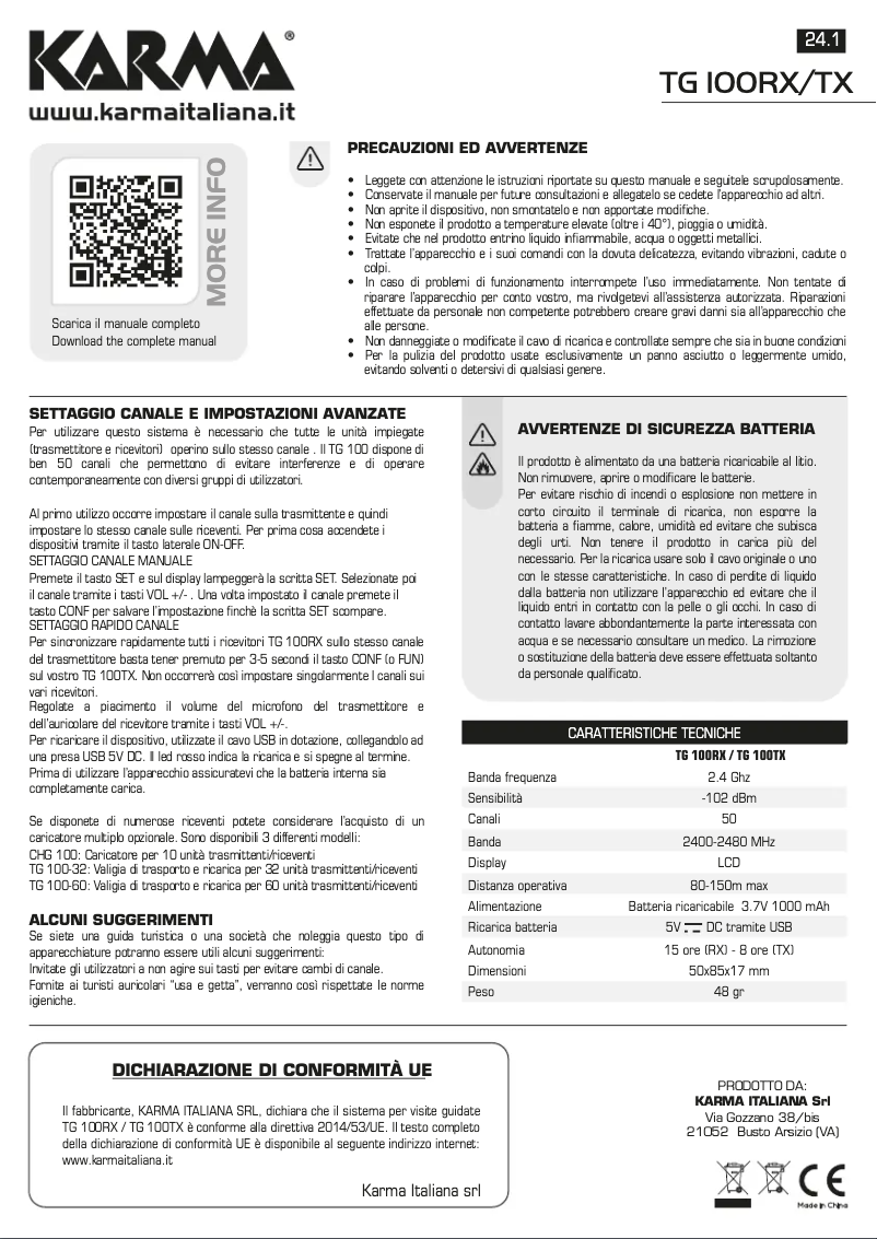 Page 1 de la notice Manuel utilisateur Karma TG 100RX