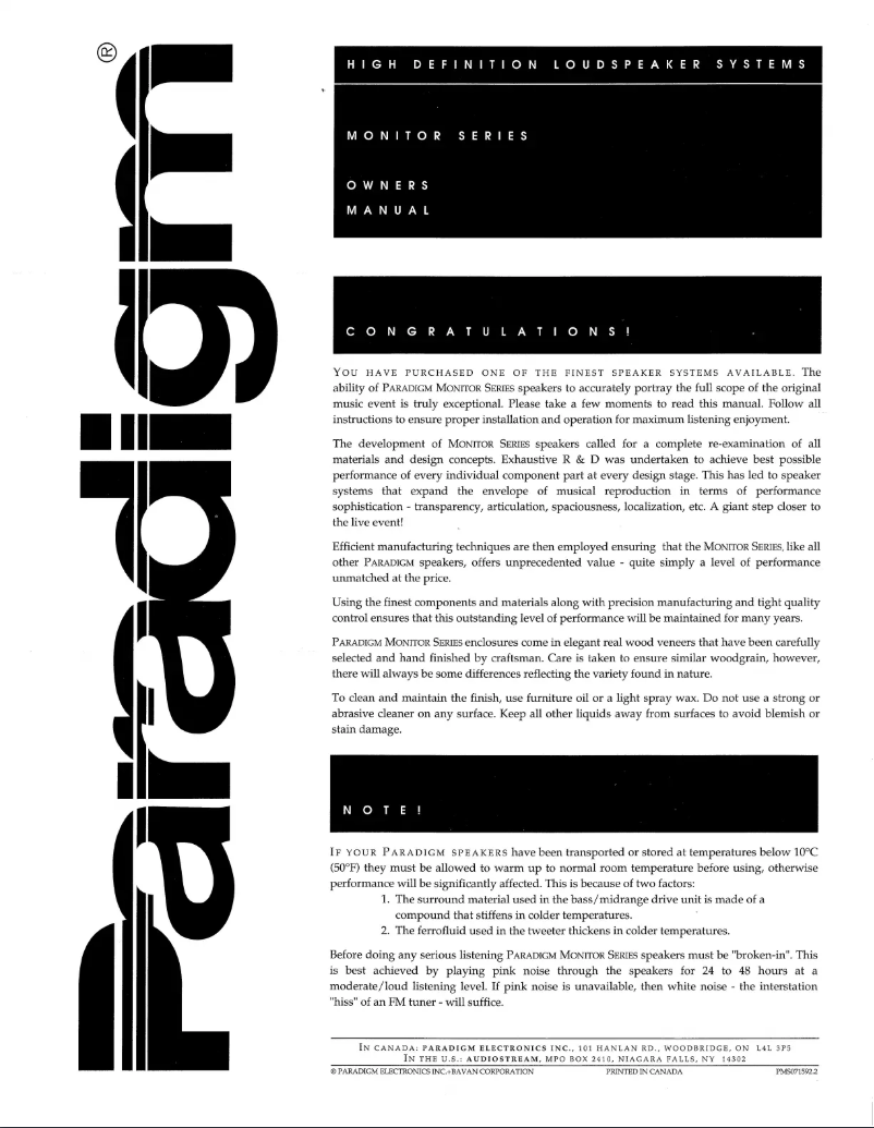 Page 1 de la notice Manuel utilisateur Paradigm Monitor 9 v3