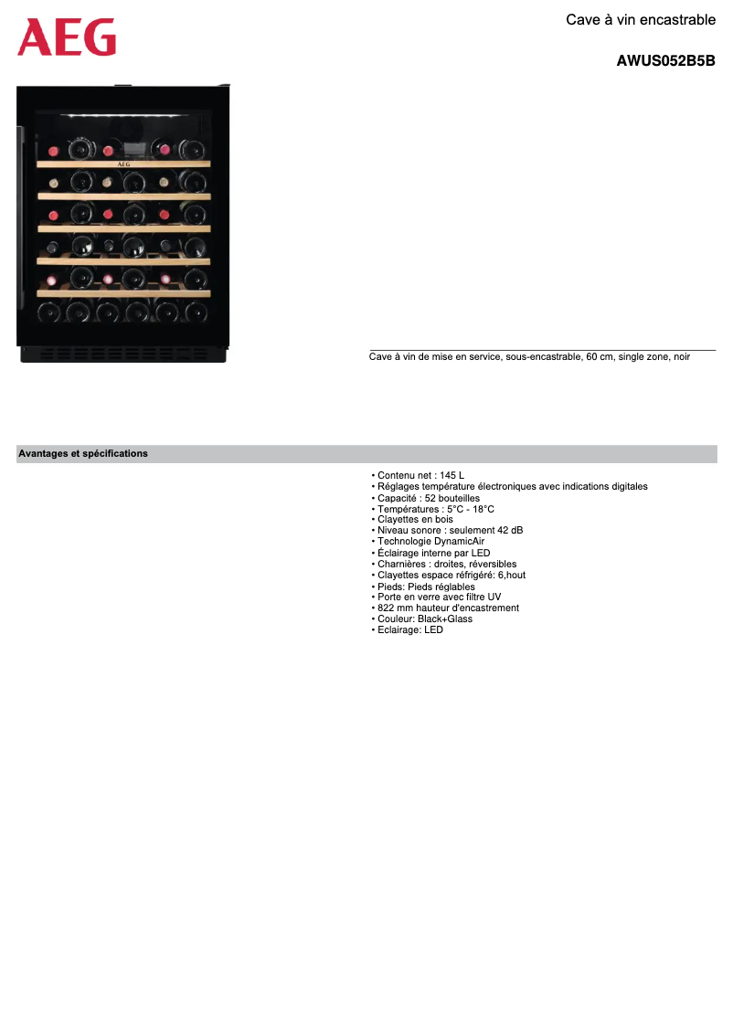 Page 1 de la notice Fiche technique AEG AWUS052B5B