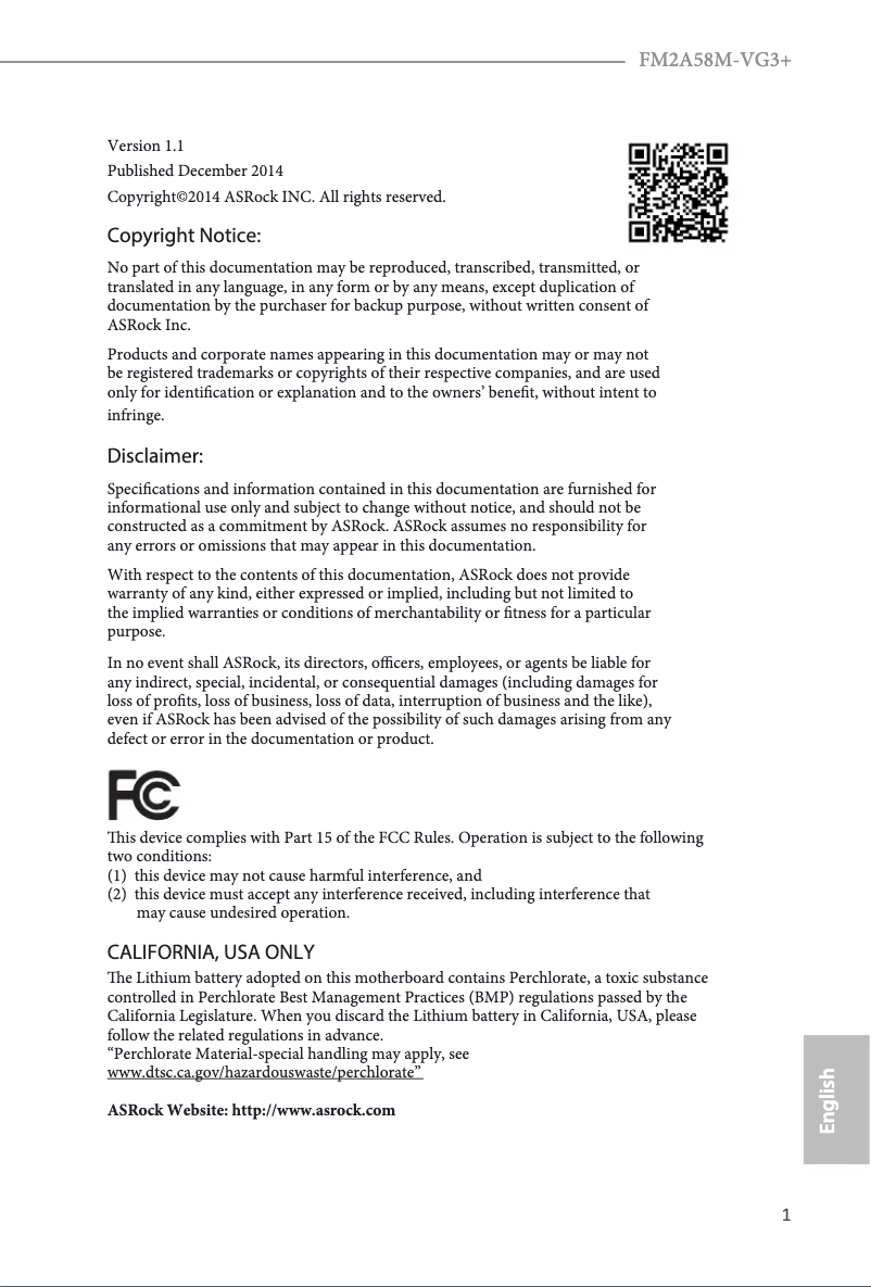 Page n°1 - Manuel utilisateur Asrock FM2A58M-VG3+