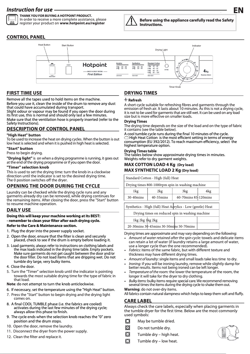 Page 1 de la notice Manuel utilisateur Hotpoint NV4D 01 P (UK)