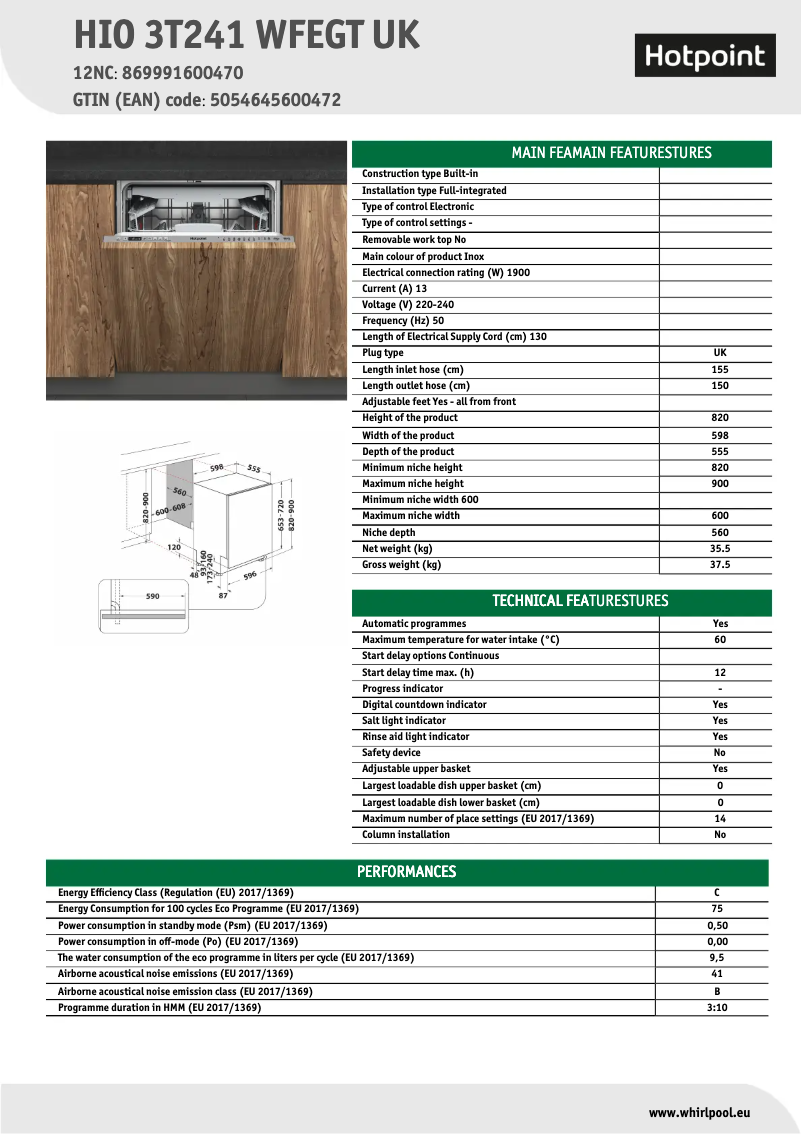Page 1 de la notice Fiche technique Hotpoint HIO 3T241 WFEGT UK