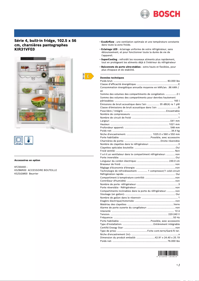 Page 1 de la notice Fiche technique Bosch KIR31VFE0
