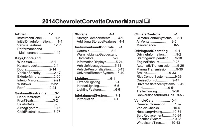 Page 1 de la notice Manuel utilisateur Chevrolet Corvette Stingray (2014)