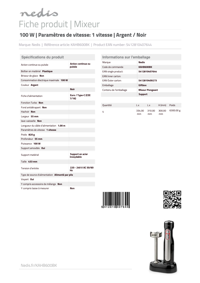 Page 1 de la notice Manuel utilisateur Nedis KAHB600BK