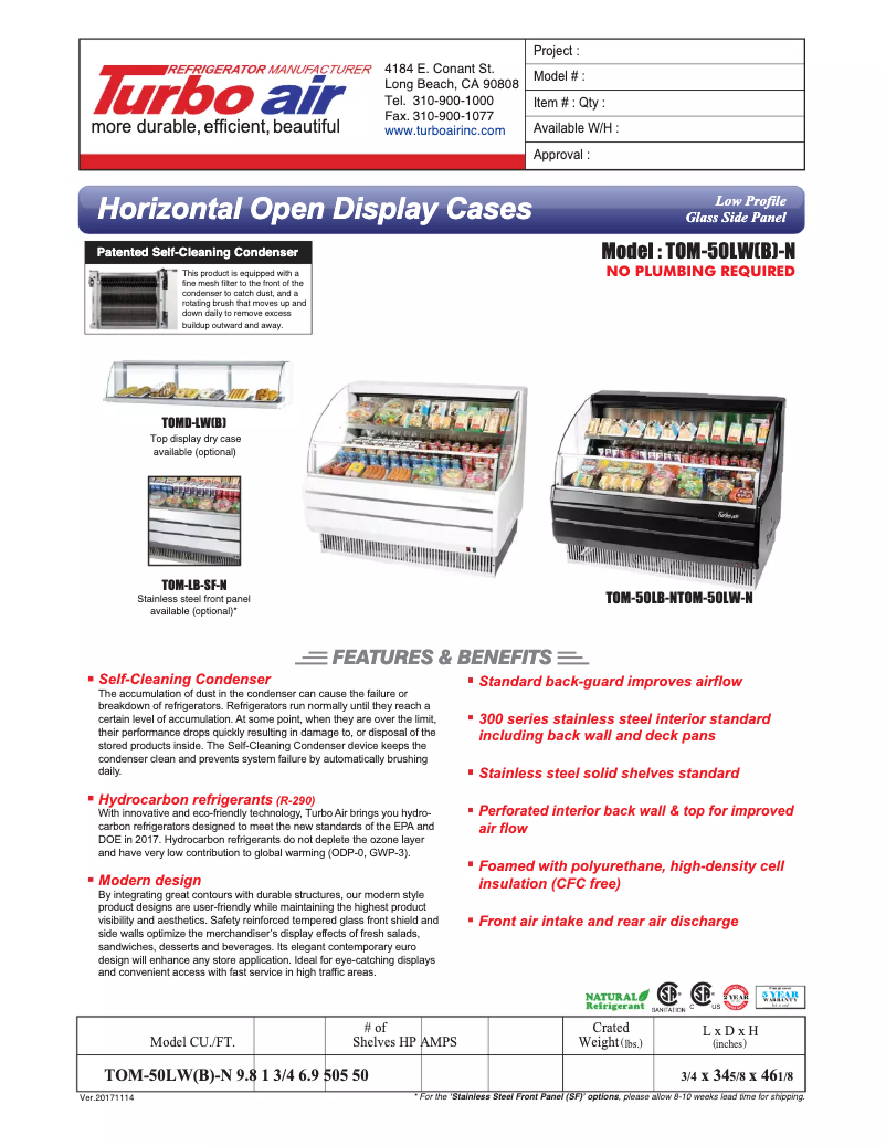 Página 1 del manual Ficha técnica Turbo air TOM-50L