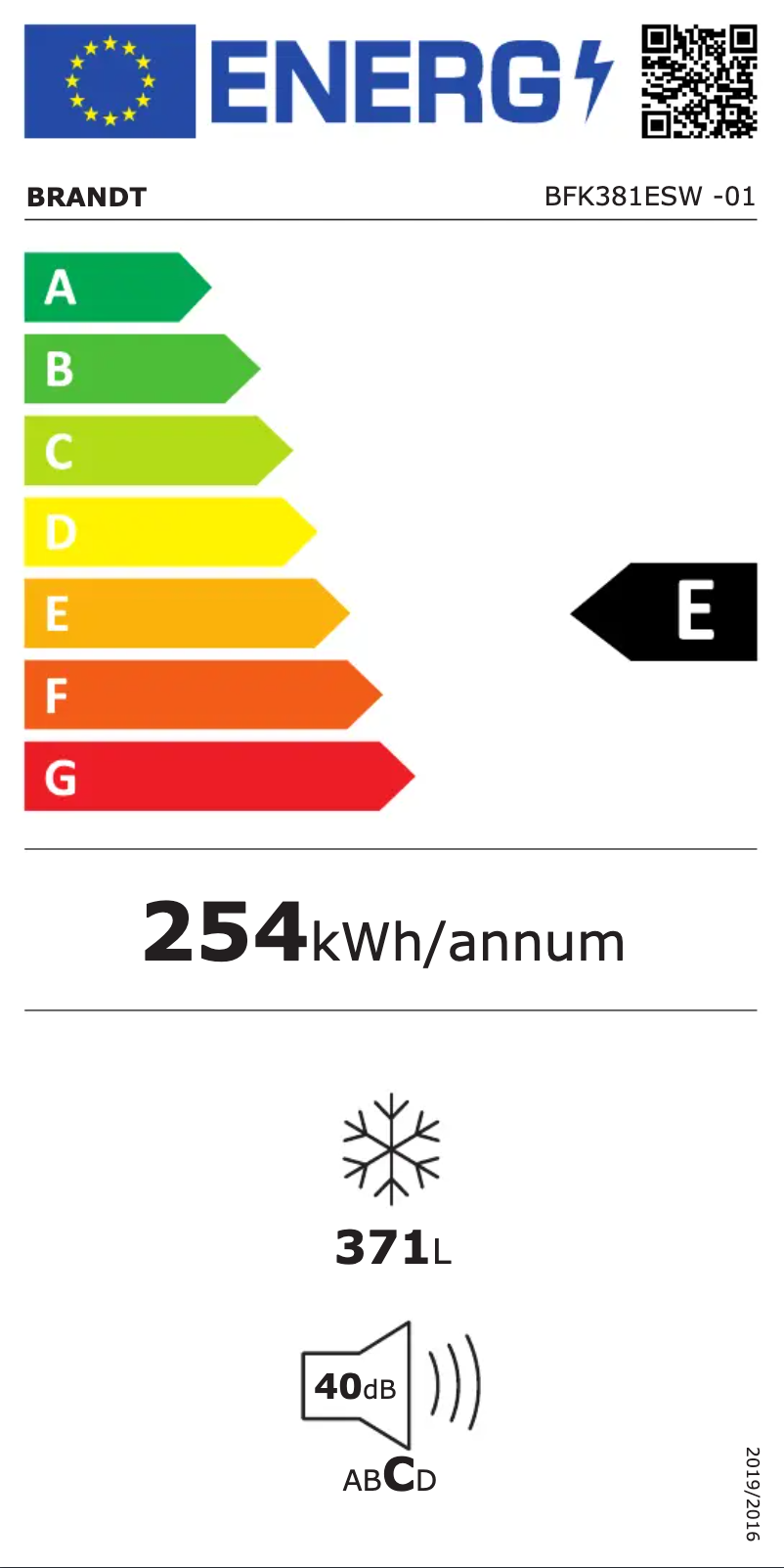 Page n°1 - Label énergétique Brandt BFK381ESW