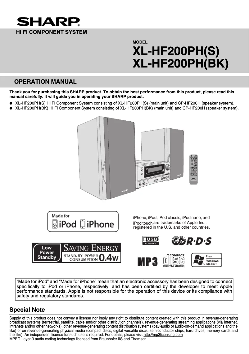 Page 1 de la notice Manuel utilisateur Sharp XLHF200PHBK