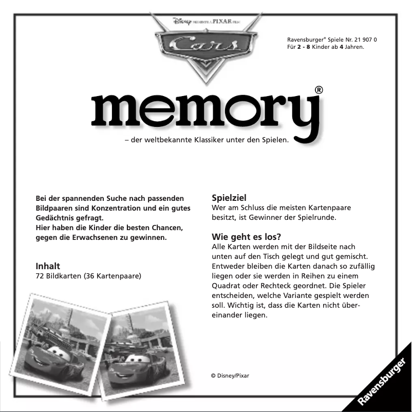 Page n°1 - Manuel utilisateur Ravensburger Disney/Pixar Cars memory