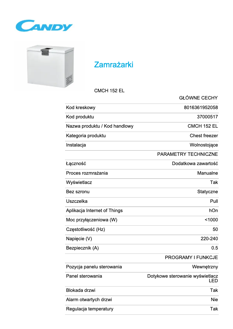 Page 1 de la notice Fiche technique Candy CMCH 152 EL
