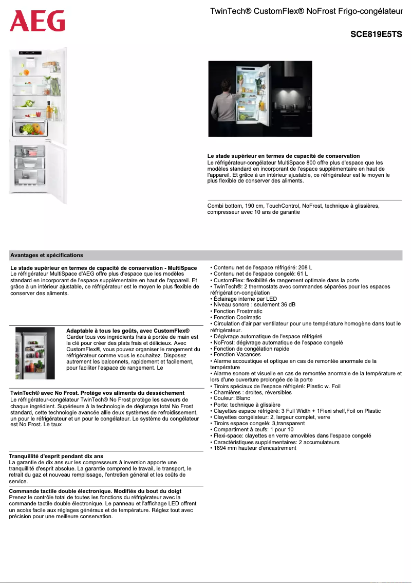 Page 1 de la notice Fiche technique AEG SCE819E5TS
