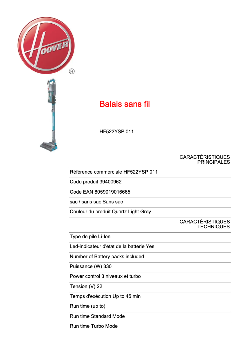 Page n°1 - Fiche technique Hoover H-FREE 500 Hydro Plus HF522YSP 011