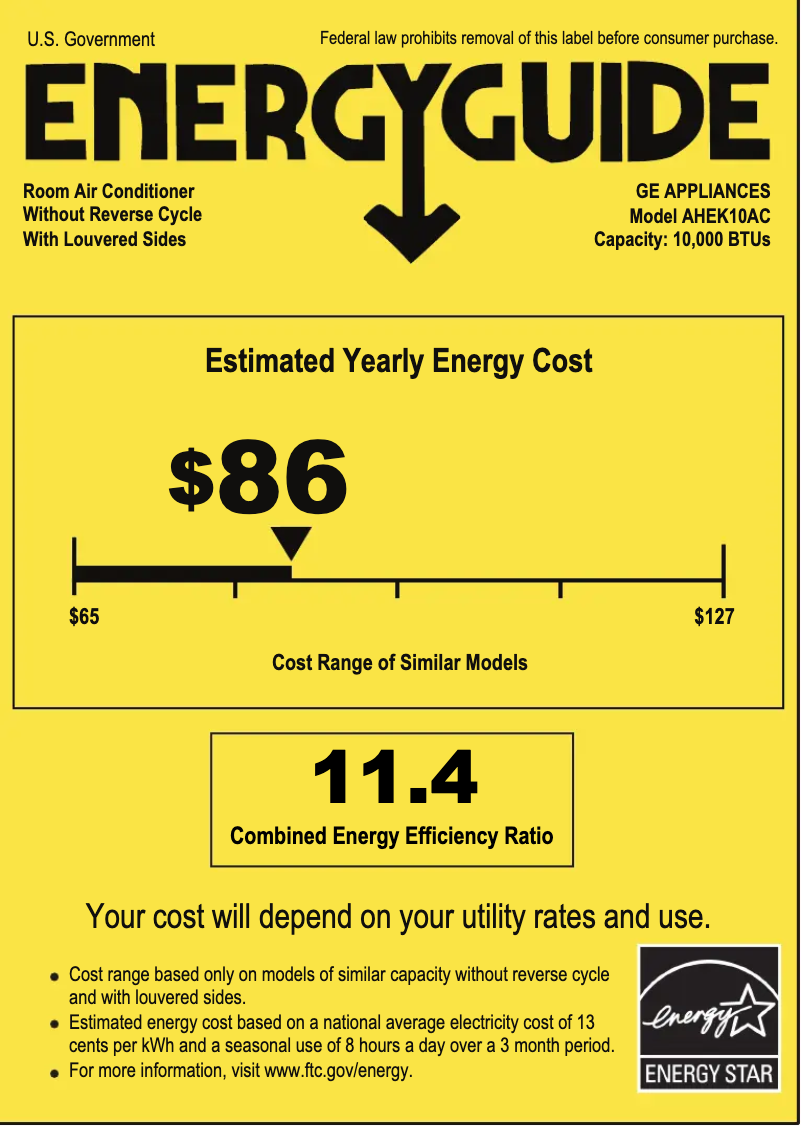 Page 1 de la notice Label énergétique GE AHEK10AC