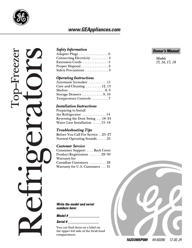 Page 1 de la notice Manuel d'utilisation et d'entretien GE TBX18IADWW