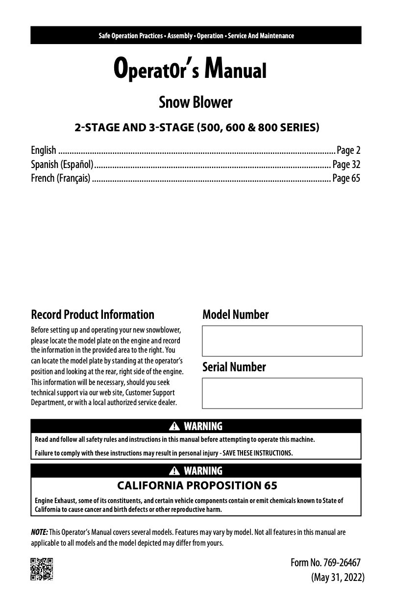 Page 1 de la notice Manuel utilisateur Troy-Bilt Arctic Storm 3410 XP