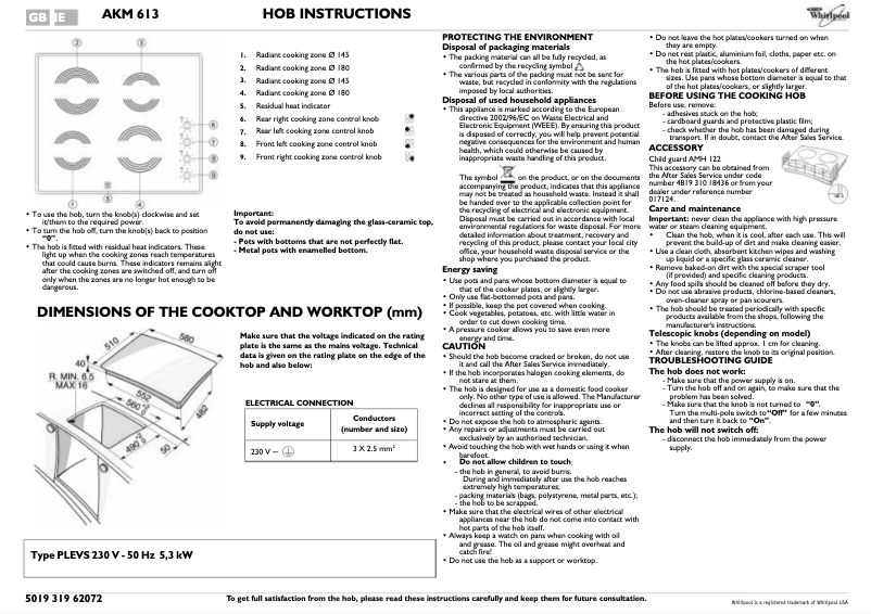 Page n°1 - Manuel utilisateur Whirlpool AKM 613/BA