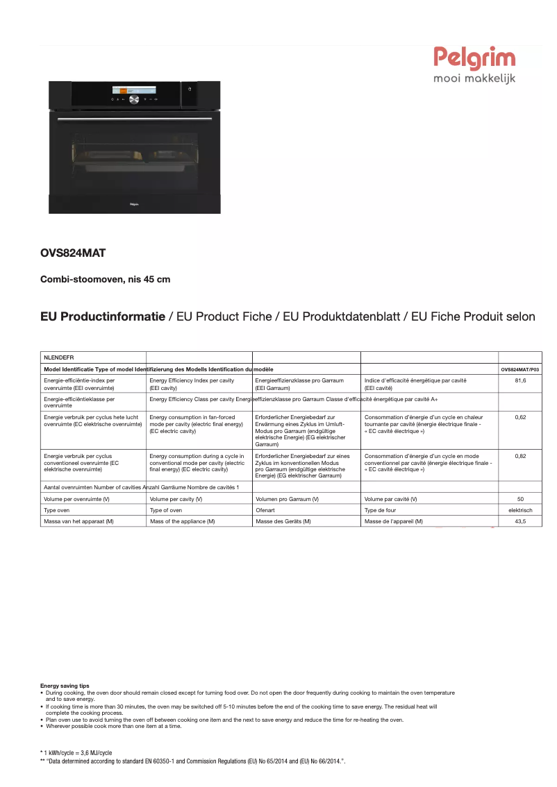 Page n°1 - Fiche technique Pelgrim OVS824MAT